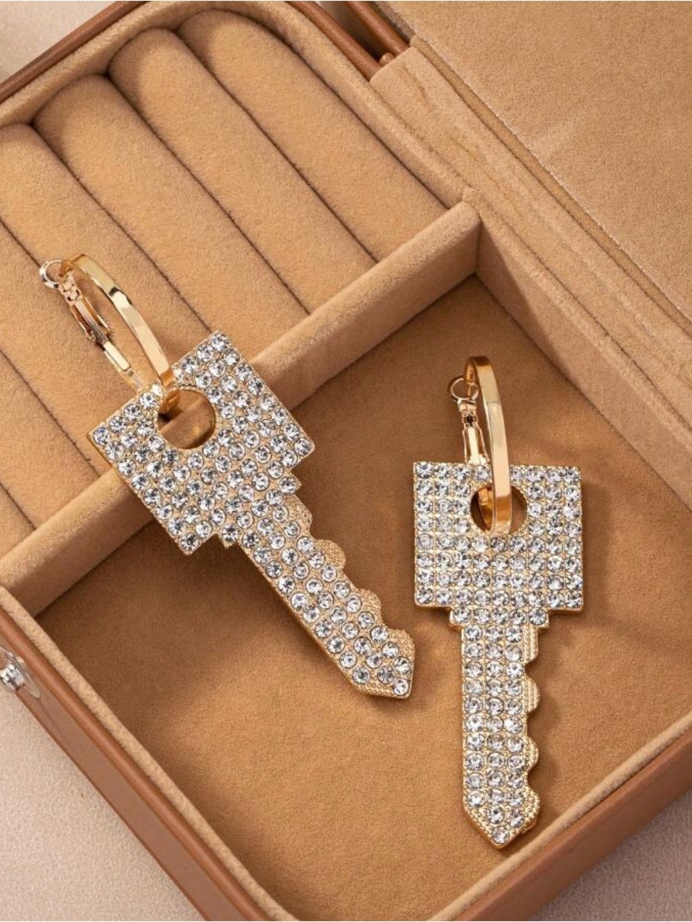 Gold Crystal Key Dangle Earrings - Women Accessories